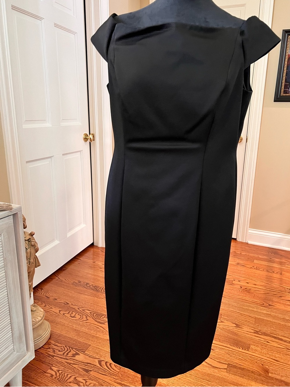 Adrianna Papell Black Boatneck Midi Dress with Cap Sleeves
